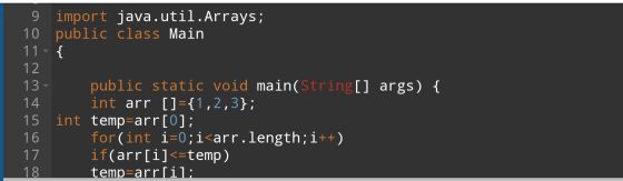 9 import java.util.Arrays; 10 public class Main 11 - { 12 13. 14 15 16 17 public static void main(String[] args) { int arr []
