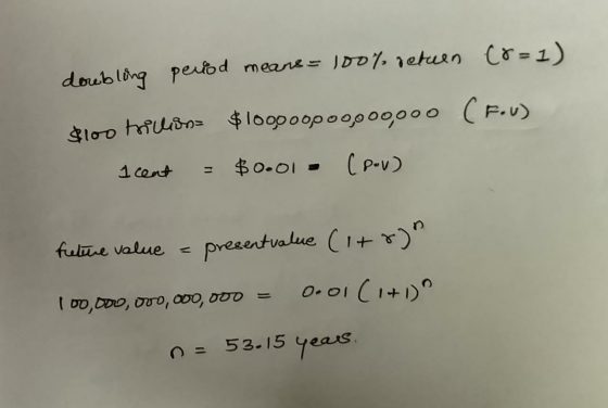 doubling peiod means JDD7, 1eturn C=1) loo hulon $l00000poop00000 (F.v) (P-v $0.01 1 cent 11 presentvalue C1+ ) fulune value