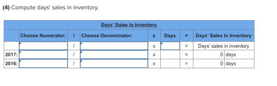 (4) Compute days sales in inventory. Days Sales In Inventory Choose Numerator: 1. Choose Denominator: Days Days Sales In I