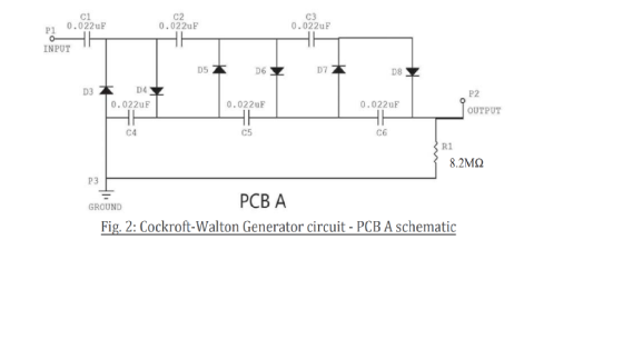 C1 0.022uF C2 0.022uF C3 0.022uF P1 INPUT D5 D6 D7 D8 D3 D4 P2 0.022uE 0.022uF 0.022uF OUTPUT C4 C5 C6 R1 8.2MQ P3 PCB A GROUND Fig. 2: Cockroft-Walton Generator circuit - PCB A schematic