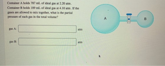 Container A holds 787 mL of ideal gas at 2.20 atm Container B holds 189 mL of ideal gas at 4.10 atm. If the gases are allowed