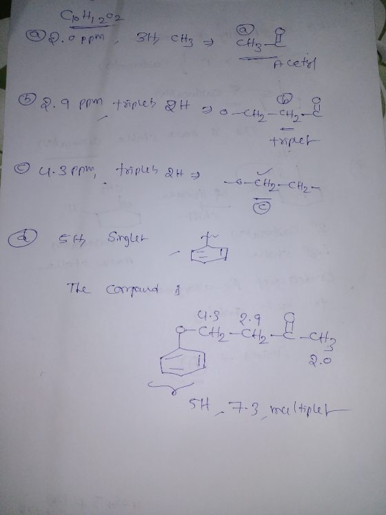Coti 202 g.oppm, 3H CH3 - Clog Acetel 2.9 ppm triplet QH DocHo-Chord toler tripler 4.3 ppm, triples 2 H 3 bretto-Chor 5th Sin