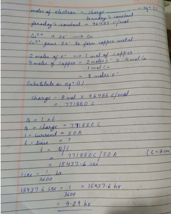 males egn (6) elealson harge s constant fanaday 96485 cal sadayscanstaud t 2e gans 2e to farmakper metal 2 males afe 4maales
