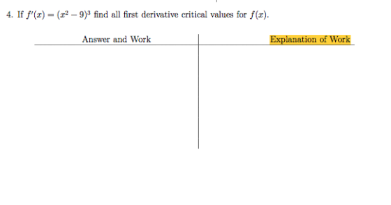 4. If f() = (x2-9) find all first derivative critical values for f(x). Answer and Work Explanation of Work