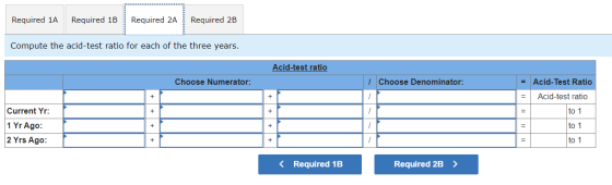 Required 1A Required 1B Required 2A Required 2B Compute the acid-test ratio for each of the three years. Acid-test ratio Choo