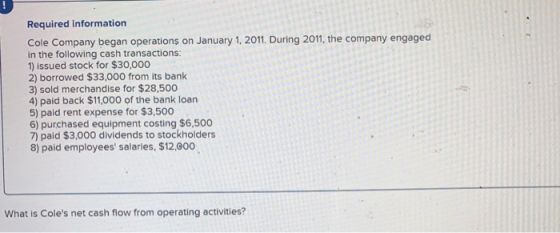 Required information Cole Company began operations on January 1, 2011. During 2011, the company engaged in the following cash