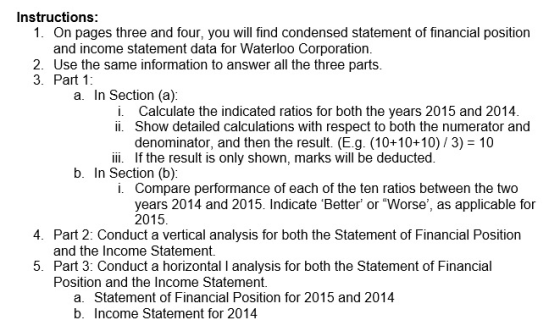 Instructions: 1. On pages three and four, you will find condensed statement of financial position and income statement data f