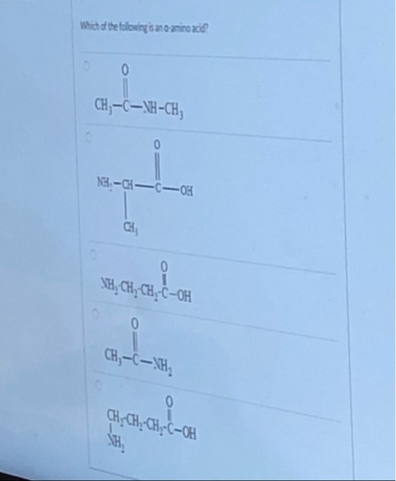 Which of the following tano amino acid? 0 CH-C-NH-CH, 0 NH-CH(-OH sa,તા,વ, બ્રા NH, CH,-CH-C-OH content CH-C-NH CH:CH-CH:C-OH