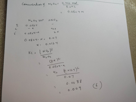 Conunbrition of N₂ Our 0.412 mol 5.00L 0.082 4 M Noy - 2NOL 0.0824 +2x 0.0824-x 2x 0.082 4- x= 0.07 n: 0.0124 KC2 | No, Nou =
