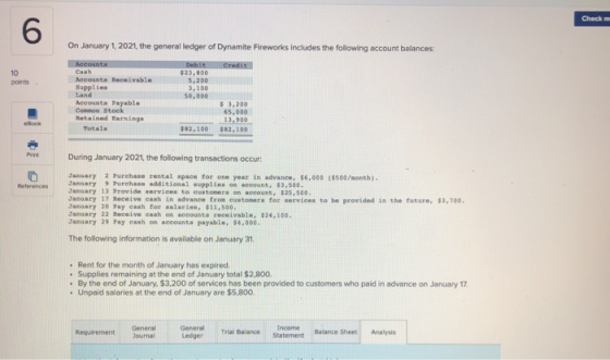 Check 6 10 points On January 1, 2021, the general ledger of Dynamite Fireworks includes the following account balances: Accou