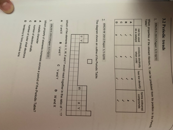 3.2 Periodic trends 1. (0620-5 2012-Paper 1/2-Q21) Which properties of the element titanium, Ti, can be predicted from its po
