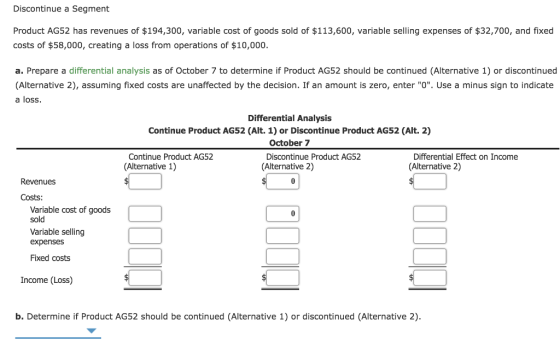 Discontinue a Segment Product AG52 has revenues of $194,300, variable cost of goods sold of $113,600, variable selling expenses of $32,700, and fixed costs of $58,000, creating a loss from operations of $10,000 a. Prepare a differential analysis as of October 7 to determine if Product AG52 should be continued (Alternative 1) or discontinued (Alternative 2), assuming fixed costs are unaffected by the decision. If an amount is zero, enter O. Use a minus sign to indicate a loss Differential Analysis Continue Product AG52 (Alt. 1) or Discontinue Product AG52 (Alt. 2) October 7 Continue Product AG52 (Alternative 1) Differential Effect on Income Alternative 2) Discontinue Product AG52 (Alternative 2) Revenues 0 Costs Variable cost of goods sold Variable selling expenses Fixed costs 0 Income (Loss) b. Determine if Product AG52 should be continued (Alternative 1) or discontinued (Alternative 2)