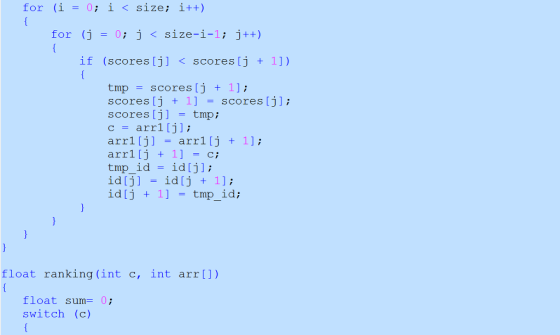 for (i = 0; 1 < size; 1++) for (i 0: i < size-1-1: j++) if (scores [j] <scores[j + 1] ) tmp scores [j + 1] scores [j + 1] = s
