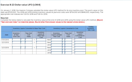 Exercise 8-23 Dollar-value LIFO (LO8-8] On January 1, 2018, the Haskins Company adopted the dollar-value LIFO method for its