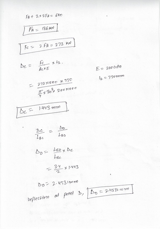 FA+ 2x2 FA = 680 FA = 136HN Fo= 2 FA = 272 KN Fc X 22. Do = ACXE E = 200 copa 22=750mm = 272X1000 X 750 IX 30% 200x1000 1.443