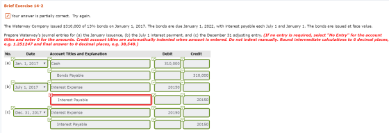 Brief Exercise 14-2 Your answer is partially correct. Try again. The Waterway Company issued $310,000 of 13% bonds on January