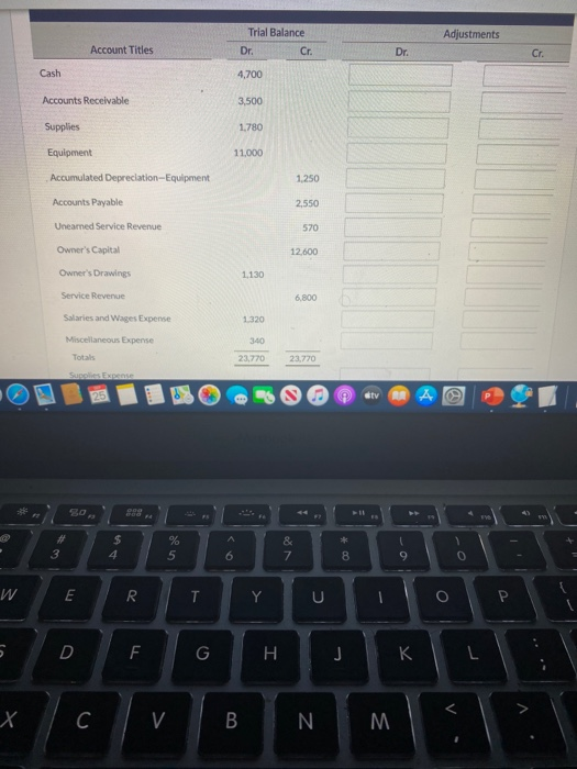 Adjustments Trial Balance Dr. Cr. Account Titles Dr. Cr. Cash 4,700 Accounts Receivable 3.500 Supplies 1.780 Equipment 11.000