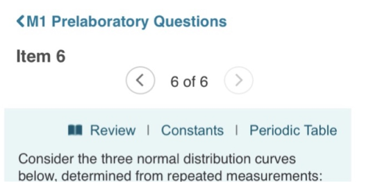 M1 Prelaboratory Questions Item 6 6 of 6> ReviewI Constants| Periodic Table Consider the three normal distribution curves below, determined from repeated measurements: