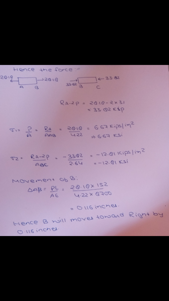 Hence 20.10 the force :- 2018 TE 33.82 RA-2p = 28.18-2x31 33.82 KÉP Jis ? - RA - 2010 - 667 kipslin? A AAB 4.22 6.67 Ksi T2-