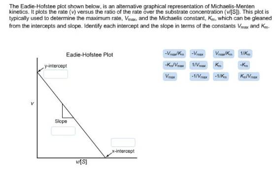 The Eadie-Hofstee plot shown below, is an alternative graphical representation of Michaelis-Menten kinetics. t plots the rate (v) versus the ratio of the rate over the substrate concentration (vIS]). This plot is typically used to determine the maximum rate, Vmax, and the Michaelis constant, Km, which can be gleaned from the intercepts and slope. Identify each intercept and the slope in terms of the constants Vmax and Km Eadie-Hofstee Plot y-intercept Slope x-intercept AS