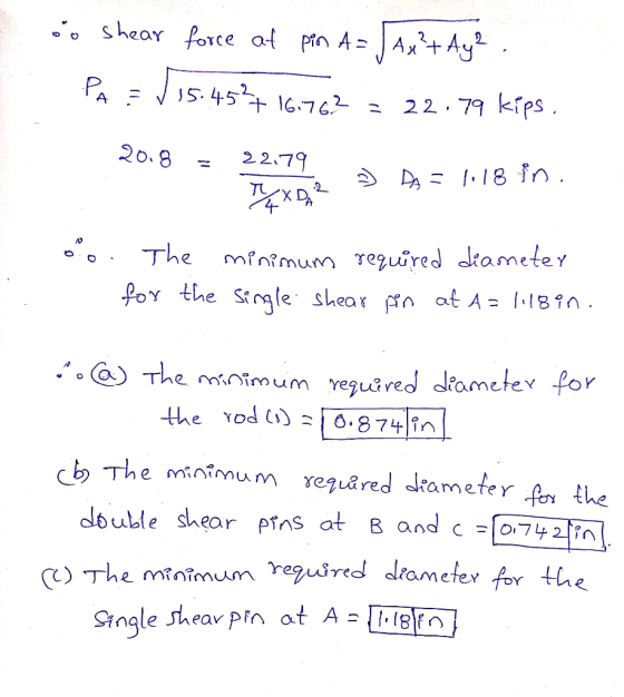 shear force at pn AAx+ Ay PA 5 4516762 22 79 kips 2o.8 22.79 A18 fn TU The minimum reguired diameter PoY the Sile shear n at