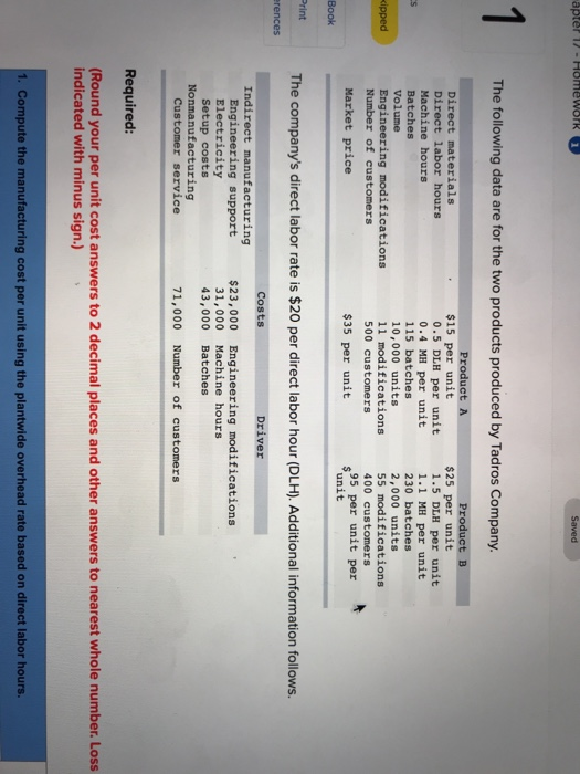 1 The following data are for the two products produced by Tadros Company. Product $25 per unit Product A Direct materials Dir