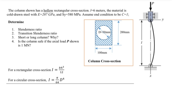 ľ The column shown has a hollow rectangular cross-section. I=6 meters, the material is cold-drawn steel with E=207 GPa, and S
