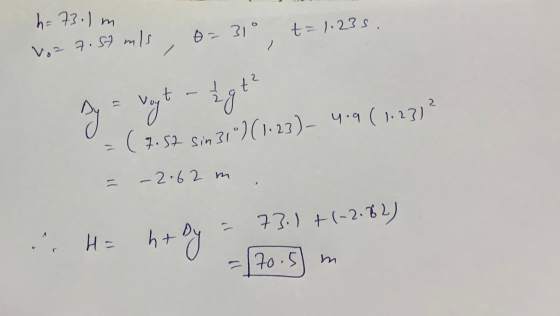 h = 73.1 m 0 31 t=1.23s. Vo=7.57 mis +? agt (7.52 Sin 31°) (1.23) 4.4(1.23)? -2.62 m 73.) +(-2.82) H= ht by -70.5
