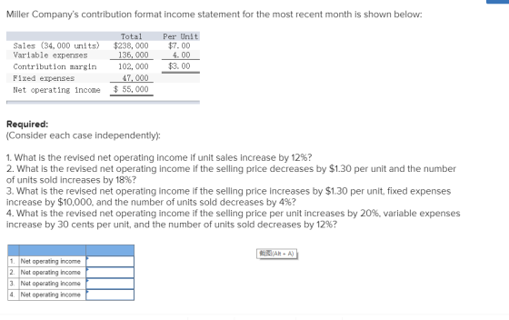 Miller Companys contribution format income statement for the most recent month is shown below: Sales (34,000 units) Variable