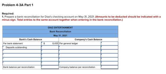 Problem 4-3A Part 1 Required: 1. Prepare a bank reconciliation for Diazs checking account on May 31, 2021. (Amounts to be de