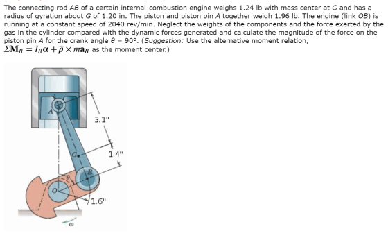 The connecting rod AB of a certain internal-combustion engine weighs 1.24 lb with mass center at G and has a radius of gyrati