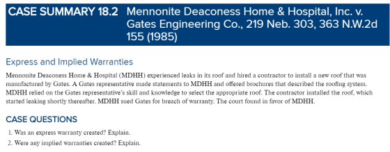 CASE SUMMARY 18.2 Mennonite Deaconess Home & Hospital, Inc. V. Gates Engineering Co., 219 Neb. 303, 363 N.W.2d 155 (1985) Exp