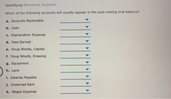 Identifying Permanent Accounts Which of the following accounts will usually appear in the post-closing trial balance? a. Acco