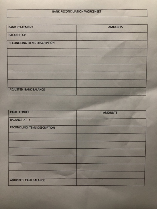 BANK RECONCILIATION WORKSHEET BANK STATEMENT AMOUNTS AMOUNTS BALANCE AT: RECONCILING ITEMS DESCRIPTION ADJUSTED BANK BALANCE