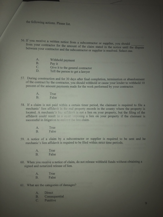 the following actions. Please list. 56. If you receive a written notice from a subcontractor or supplier, you should from you