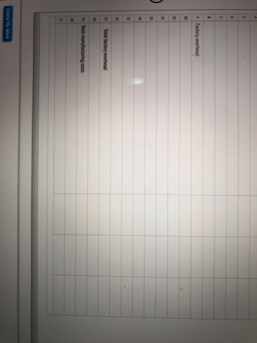 Factory overhead 11 Total factory overhead 19 Total manufacturing costs Check My Work