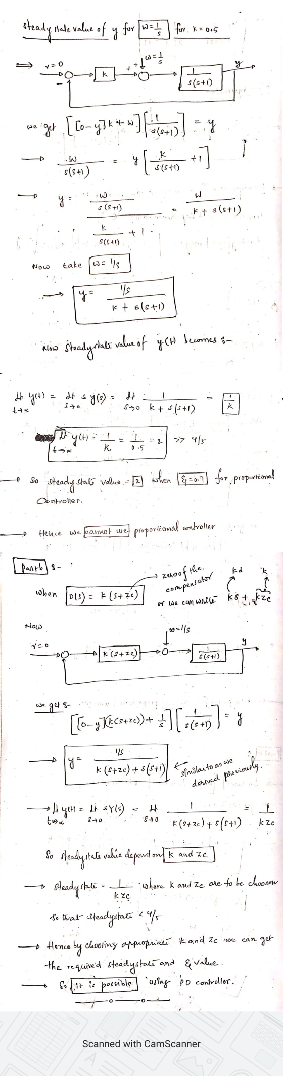 steady state value of state value of y for w=113 for W=1/3 for. K = 005 S + y + k D s(s+1) we get [co-y]k4w] fece ] म y o [ +