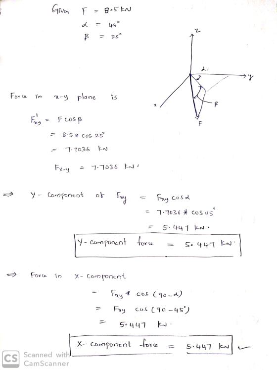 Given F = 8-5 kn X 45° z B 25° L →y Force in ary plane is Fans F Cosß F = 8.5 cos 25 7.7036 kn Ex-y 77036 y - Component of Fr