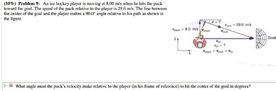 (10%) Problen 9: An ice hockey player is moving at 8.00 m/s when he hits the puck toward the goal. The speed of the puck relative to the playeris 29.0 m/s. The line betweern the center of the goal and the player makes a 900 angle relative to his path as shown in the figure 29.0 nus 8.0 mis Goal What angle must the pucks velocity make rclative to the playcr (in his frame of reference) to hit the center of the goal in degrces?