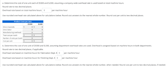 a. Determine the cost of one unit each of ZX300 and SL500, assuming a company-wide overhead rate is used based on total machi