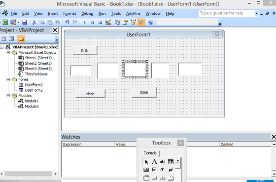 Microsoft Visual Basic - Book1.xlsx - [Book1.xlsx - UserForm1 (UserForm)] 쑤 File Edit View Insert Format Debug Run lools Add-