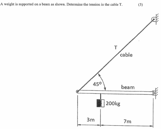 A weight is supported on a beam as shown. Determine the tension in the cable T. (3) T cable 450 beam 200kg 3m 7m