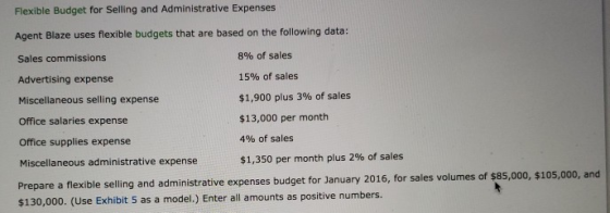 Flexible Budget for Selling and Administrative Expenses Agent Blaze uses flexible budgets that are based on the following data: Sales commissions Advertising expense Miscellaneous selling expense Office salaries expense Office supplies expense Miscellaneous administrative expense Prepare a flexible selling and administrative expenses budget for January 2016, for sale $130,000. (Use Exhibit 5 as a model.) Enter all amounts as positive numbers. 8% of sales 15% of sales $1,900 plus 3% of sales $13,000 per month 4% of sales $1,350 per month plus 2% of sales s volumes of $85,000, $105,000, and