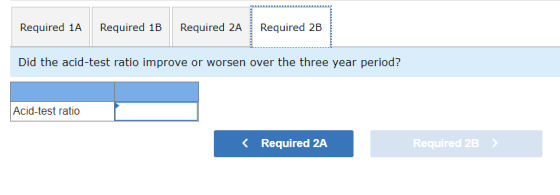 Required 1A Required 1B Required 2A Required 2B Did the acid-test ratio improve or worsen over the three year period? Acid-te