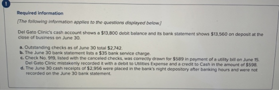 Required information [The following information applies to the questions displayed below) Del Gato Clinics cash account show