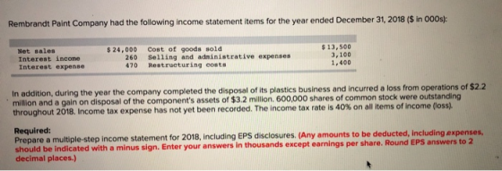 Rembrandt Paint Company had the following income statement items for the year ended December 31, 2018 ($ in 000s): Net Sales