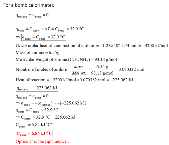 For a bomb calorimeter, reactionbomb= 0 bomb = Cbomb xAT = C x 32.9 °C x32.9 °C bomb C bomb Given molar heat of combustion of