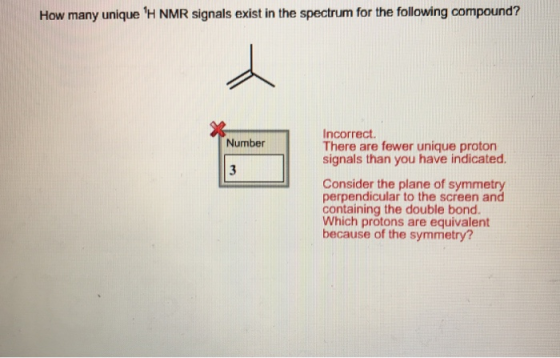 How many unique H NMR signals exist in the spectrum for the following compound? Number 3 Incorrect There are fewer unique pr