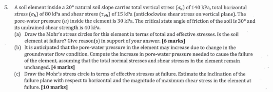 5, A soil element inside a 20° natural soil slope carries total vertical stress (%) of 140 kPa, total horizontal stress (on) of 80 kPa and shear stress (Tvh) of 15 kPa Canticlockwise shear stress on vertical plane). The pore-water pressure (u) inside the element is 30 kPa. The critical state angle of friction of the soil is 30o and its undrained shear strength is 40 kPa. (a) Draw the Mohrs stress circles for this element in terms of total and effective stresses. Is the soil element at failure? Give reason(s) in support of your answer. [6 marks] It is anticipated that the pore-water pressure in the element may increase due to change in the groundwater flow condition. Compute the increase in pore-water pressure needed to cause the failure of the element, assuming that the total normal stresses and shear stresses in the element remain unchanged. [4 marks] Draw the Mohrs stress circle in terms of effective stresses at failure. Estimate the inclination of the failure plane with respect to horizontal and the magnitude of maximum shear stress in the element at failure. [10 marks] (b) (c)