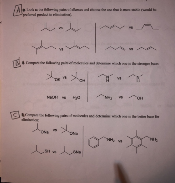 a Look at the following pairs of alkenes and choose the one that is most stable (would be preferred product in elimination).